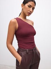 Burgundy Red Soft Touch Polyamide One Shoulder Ruched Top - Image 1 of 5
