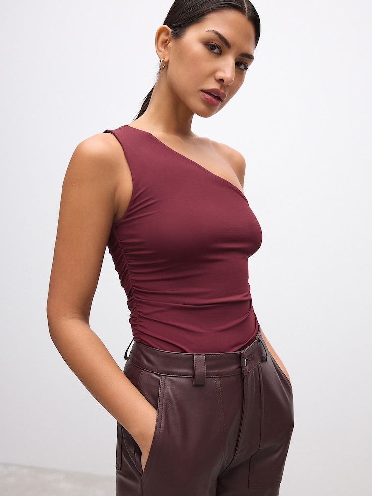Burgundy Red Soft Touch Polyamide One Shoulder Ruched Top - Image 1 of 5