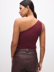 Burgundy Red Soft Touch Polyamide One Shoulder Ruched Top - Image 3 of 5