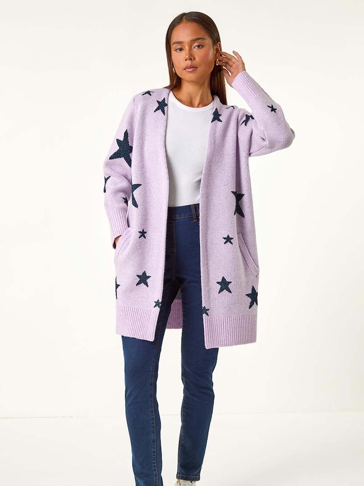 Roman Purple Petite Metallic Star Pocket Cardigan - Image 1 of 5 Roman Purple Petite Metallic Star Pocket Cardigan - Image 1 of 5