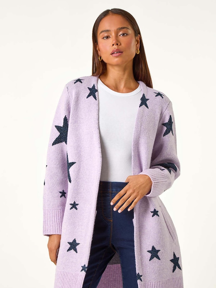 Roman Purple Petite Metallic Star Pocket Cardigan - Image 2 of 5 Roman Purple Petite Metallic Star Pocket Cardigan - Image 2 of 5