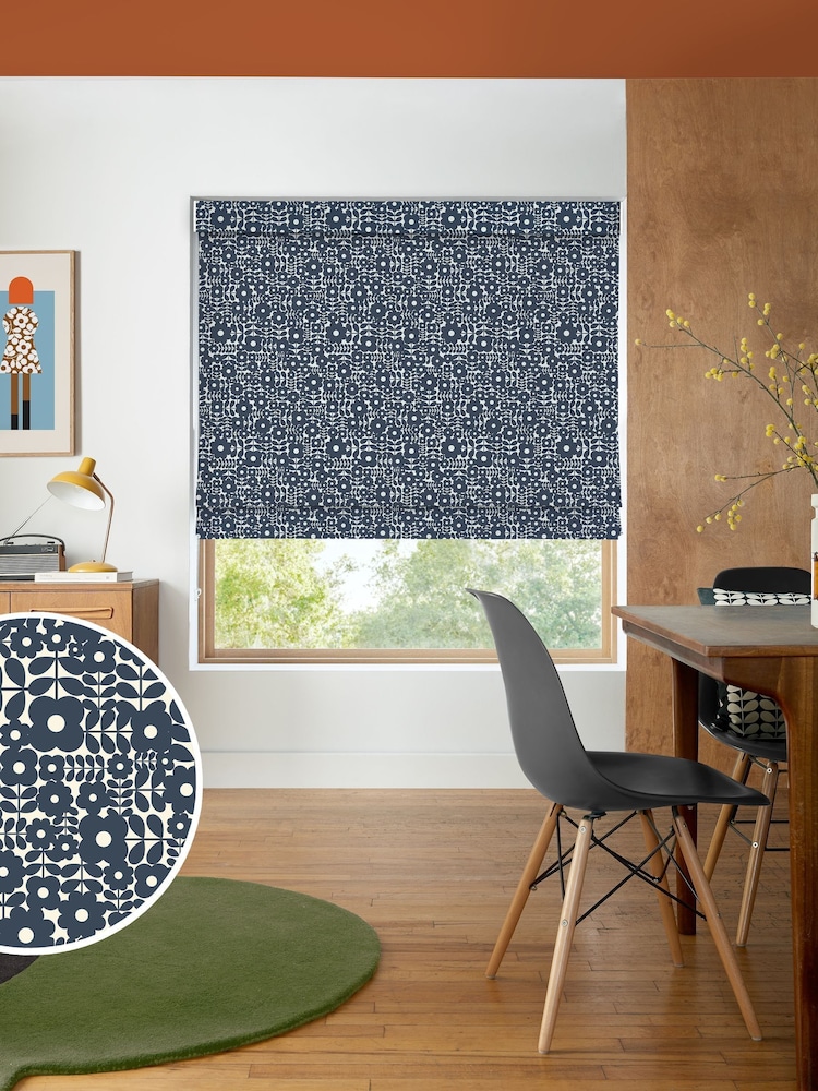 Orla Kiely Navy Blue Criss-Cross Stem Made to Measure Roman 100% Cotton Blinds - Image 1 of 6