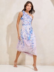 Lipsy Blue Floral One Shoulder Flower Trim Embellished Midi Dress - Image 3 of 4