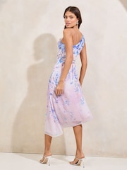 Lipsy Blue Floral One Shoulder Flower Trim Embellished Midi Dress - Image 4 of 4