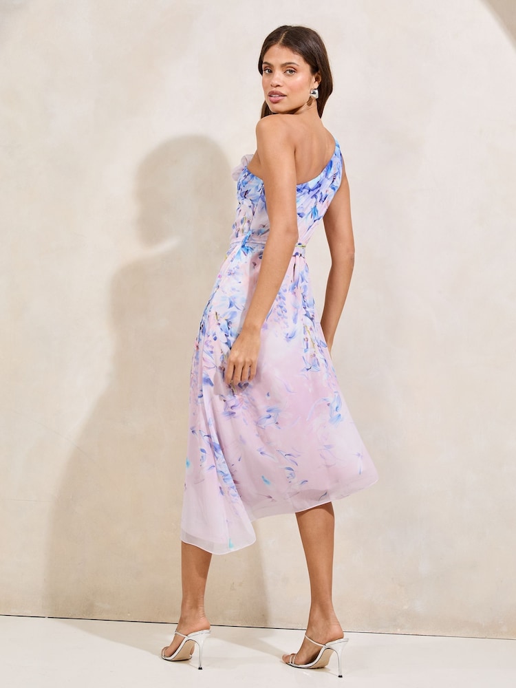 Lipsy Blue Floral One Shoulder Flower Trim Embellished Midi Dress - Image 4 of 4