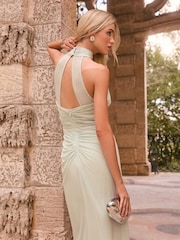 Lipsy Green Sage Petite Halter Mesh Insert Embellished Floral Print Maxi Dress - Image 4 of 4