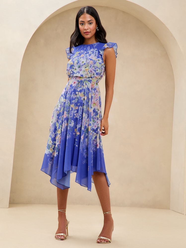Lipsy Cobalt Blue Petite Floral Printed Hanky Hem Midi Dress - Image 1 of 4