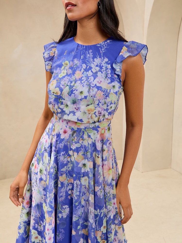 Lipsy Cobalt Blue Petite Floral Printed Hanky Hem Midi Dress - Image 2 of 4