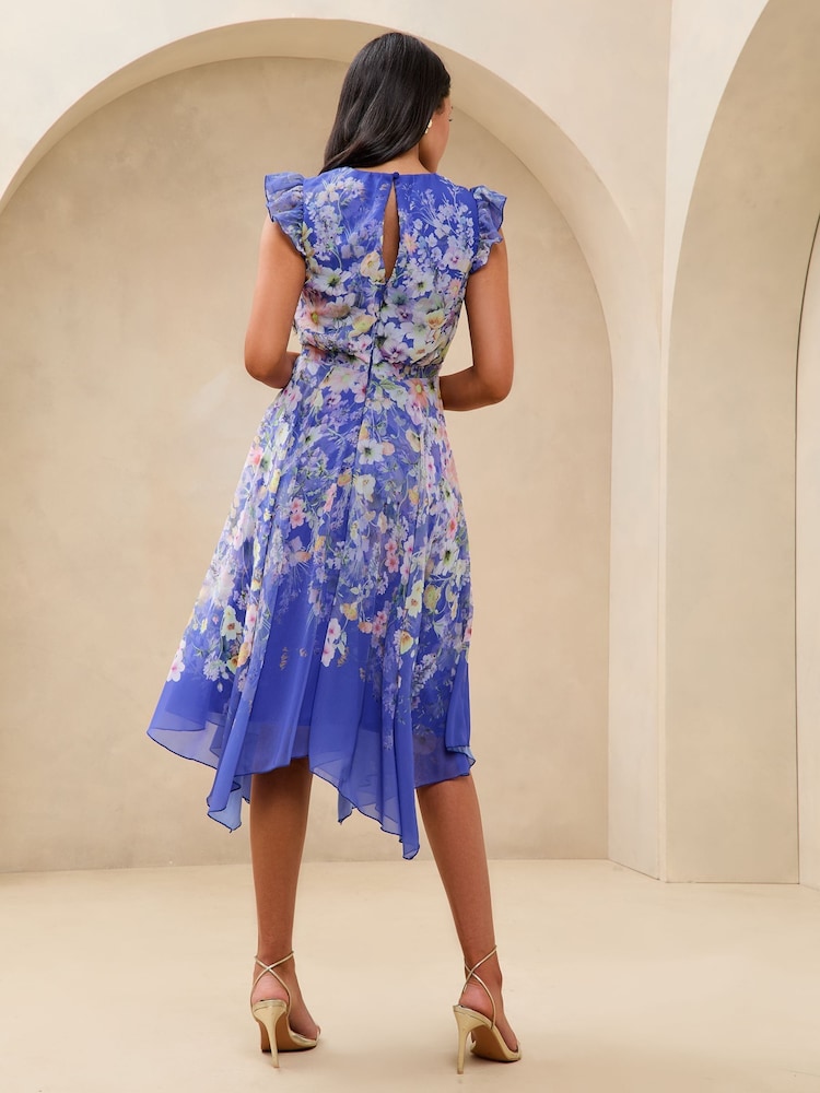 Lipsy Cobalt Blue Petite Floral Printed Hanky Hem Midi Dress - Image 4 of 4