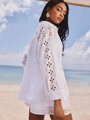 Lipsy White Petite Relaxed Fit Broderie Beach 100% Cotton Shirt - Image 5 of 5