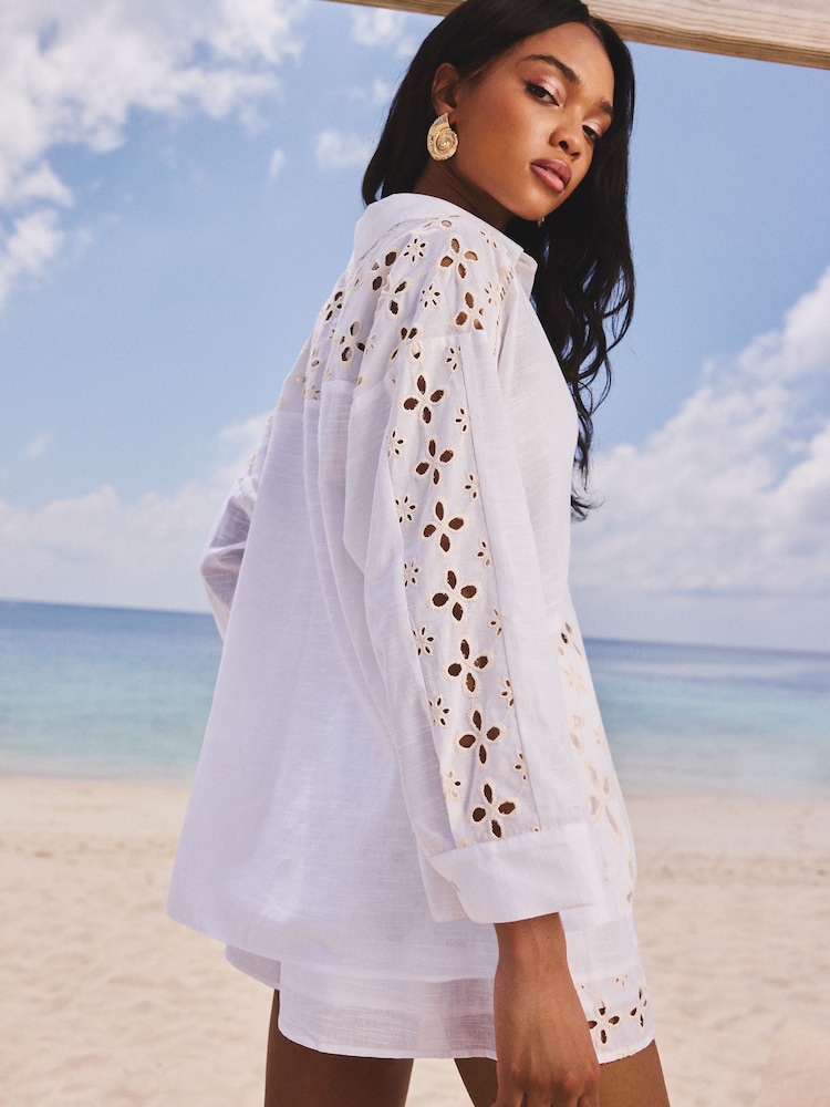 Lipsy White Petite Relaxed Fit Broderie Beach 100% Cotton Shirt - Image 5 of 5