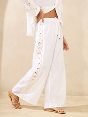 Lipsy White Petite 100% Cotton Wide Leg Broderie Beach Trousers - Image 1 of 4