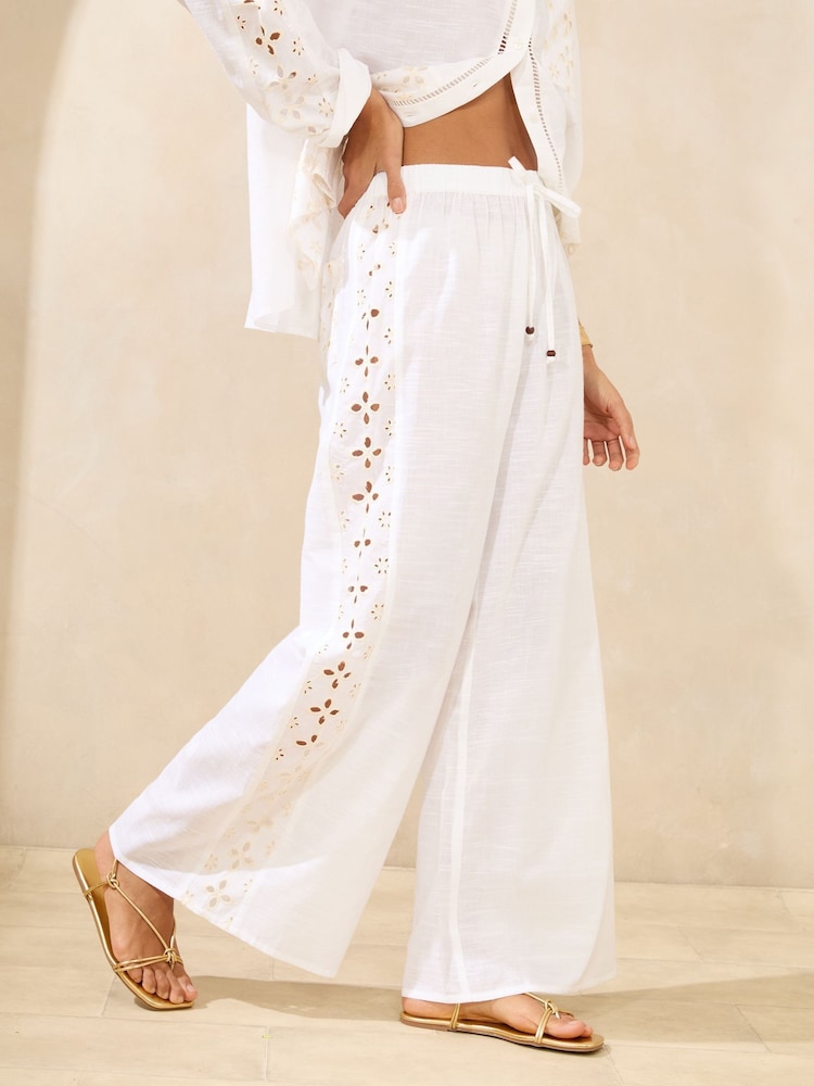 Lipsy White Petite 100% Cotton Wide Leg Broderie Beach Trousers - Image 1 of 4