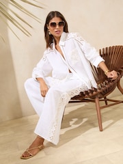 Lipsy White Petite 100% Cotton Wide Leg Broderie Beach Trousers - Image 2 of 4