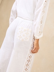 Lipsy White Petite 100% Cotton Wide Leg Broderie Beach Trousers - Image 4 of 4