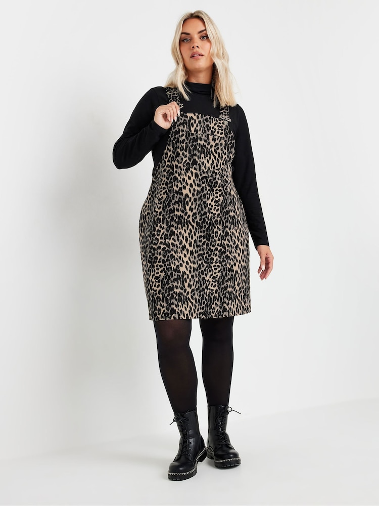 Yours Curve Brown Limited Leopard Print Denim Pinafore - Image 1 of 5