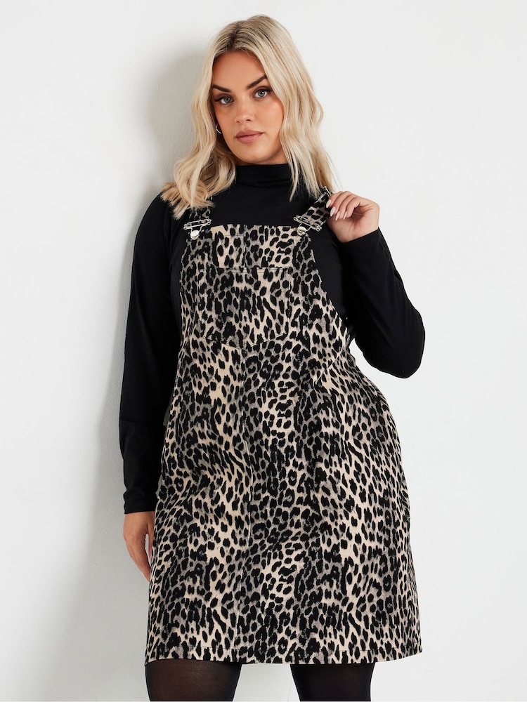 Yours Curve Brown Limited Leopard Print Denim Pinafore - Image 2 of 5