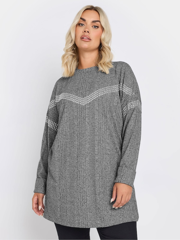 Yours Curve Grey Chevron Studded Ribbed Jumper - Image 1 of 5