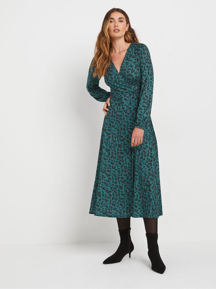 Long Tall Sally Green Animal Print Wrap Dress - Image 1 of 5