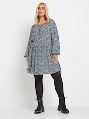 Yours Curve Blue Floral Print Crinkle Tie Neck Tunic - Image 1 of 5