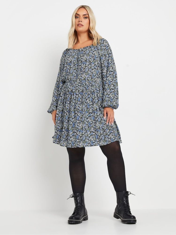 Yours Curve Blue Floral Print Crinkle Tie Neck Tunic - Image 1 of 5