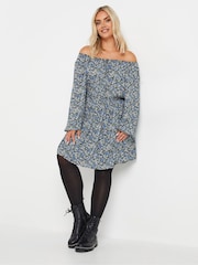 Yours Curve Blue Floral Print Crinkle Tie Neck Tunic - Image 2 of 5