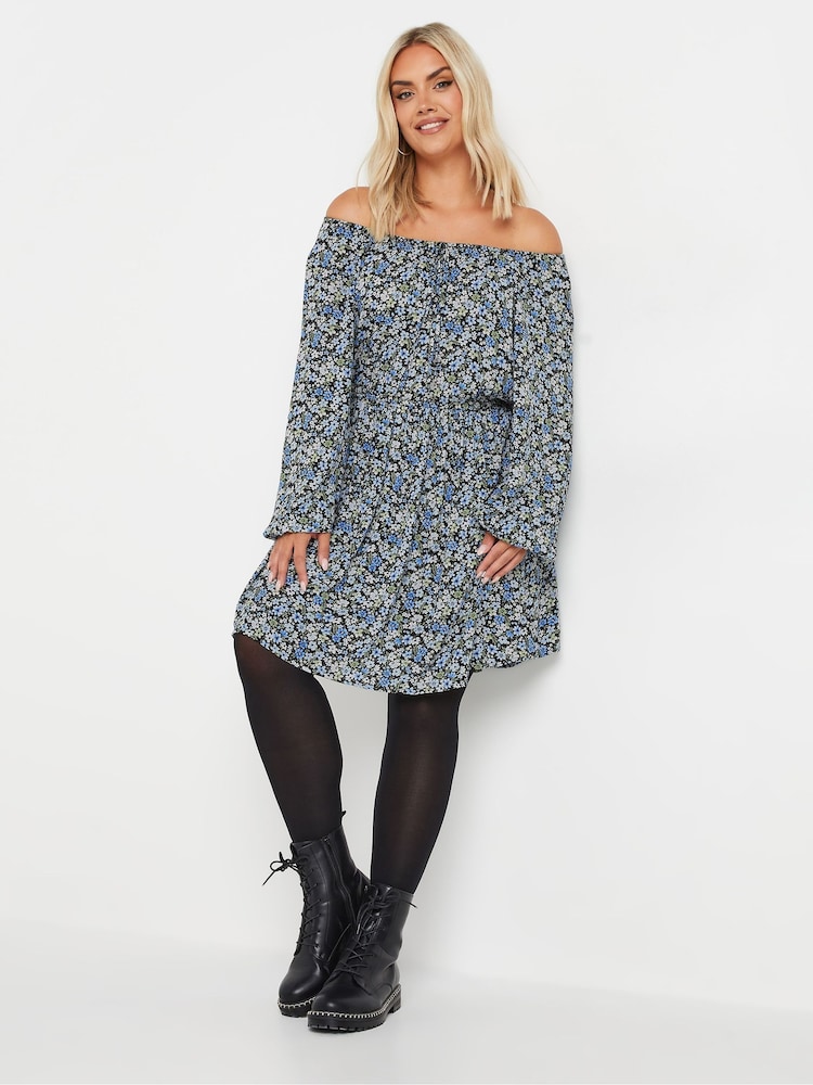 Yours Curve Blue Floral Print Crinkle Tie Neck Tunic - Image 2 of 5