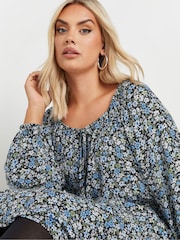 Yours Curve Blue Floral Print Crinkle Tie Neck Tunic - Image 4 of 5