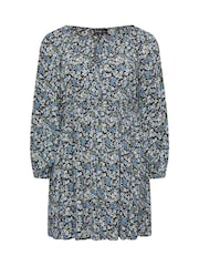 Yours Curve Blue Floral Print Crinkle Tie Neck Tunic - Image 5 of 5