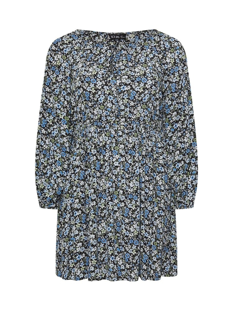 Yours Curve Blue Floral Print Crinkle Tie Neck Tunic - Image 5 of 5