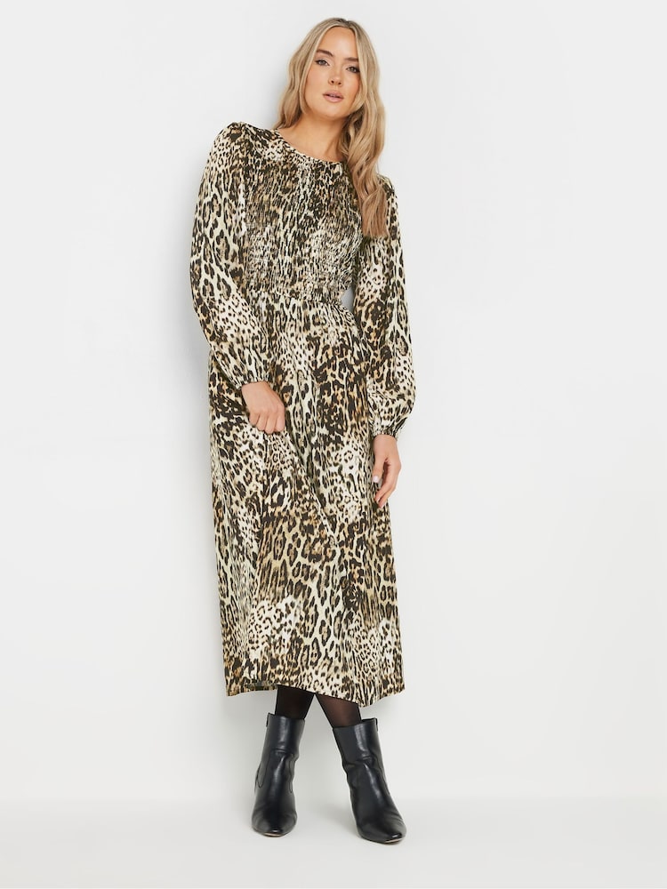 Long Tall Sally Natural Animal Print Shirred Midaxi Dress - Image 1 of 5