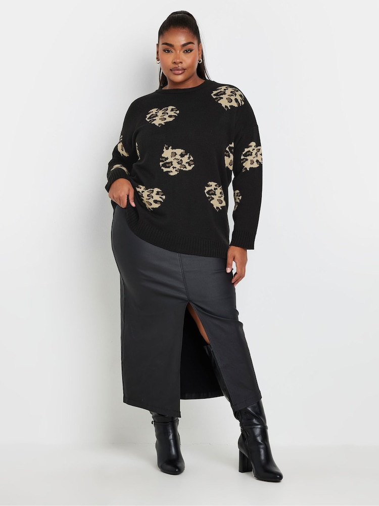 Yours Curve Black Limited Leopard Print Heart Jumper - Image 2 of 5