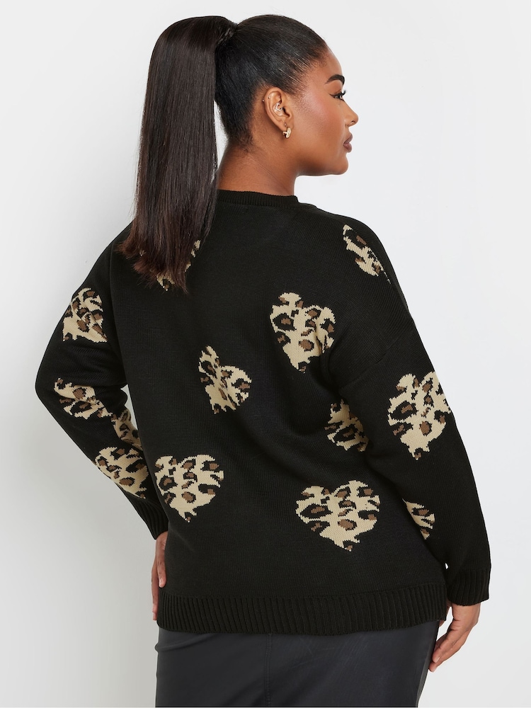 Yours Curve Black Limited Leopard Print Heart Jumper - Image 3 of 5