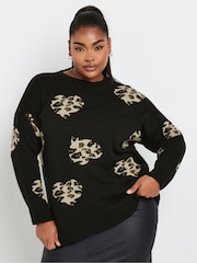 Yours Curve Black Limited Leopard Print Heart Jumper - Image 4 of 5