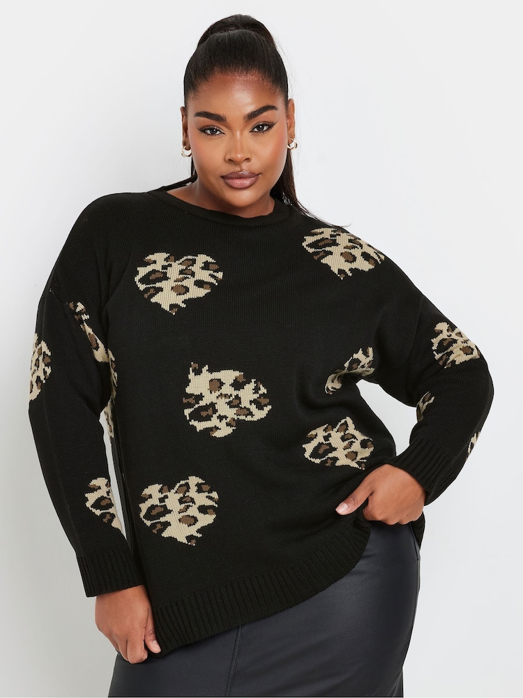 Yours Curve Black Limited Leopard Print Heart Jumper - Image 4 of 5