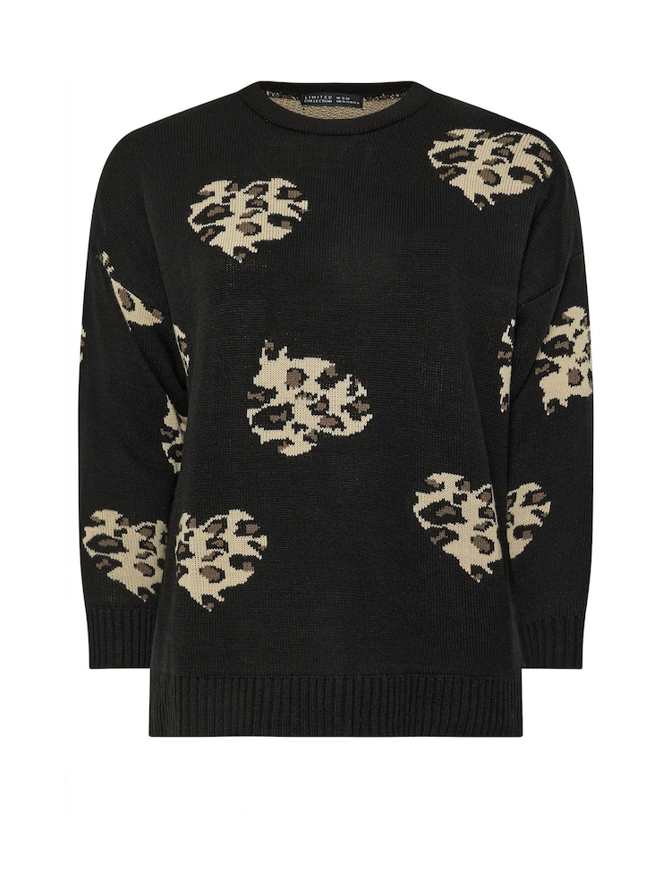 Yours Curve Black Limited Leopard Print Heart Jumper - Image 5 of 5