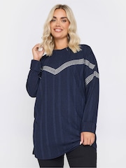 Yours Curve Blue Chevron Studded Ribbed Jumper - Image 1 of 5