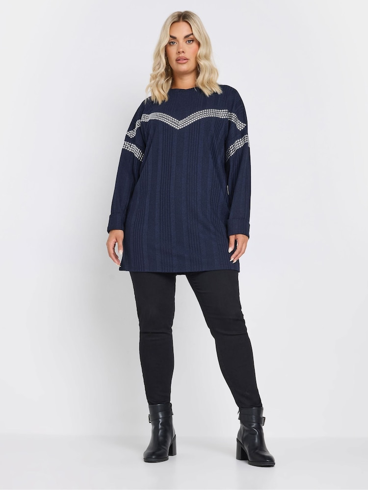 Yours Curve Blue Chevron Studded Ribbed Jumper - Image 2 of 5