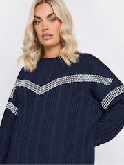 Yours Curve Blue Chevron Studded Ribbed Jumper - Image 4 of 5