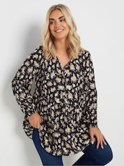 Yours Curve Black Floral Print Crinkle Tie Neck Tunic - Image 1 of 5