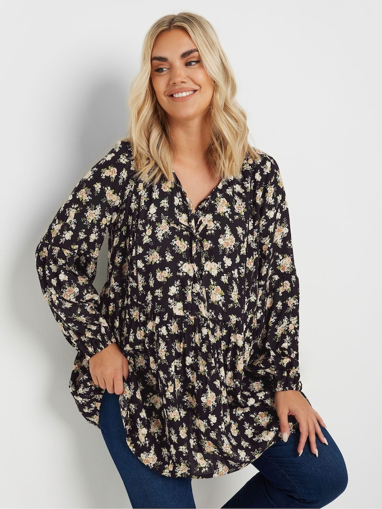 Yours Curve Black Floral Print Crinkle Tie Neck Tunic - Image 1 of 5 Yours Curve Black Floral Print Crinkle Tie Neck Tunic - Image 1 of 5