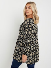 Yours Curve Black Floral Print Crinkle Tie Neck Tunic - Image 2 of 5