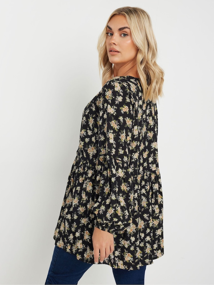 Yours Curve Black Floral Print Crinkle Tie Neck Tunic - Image 2 of 5