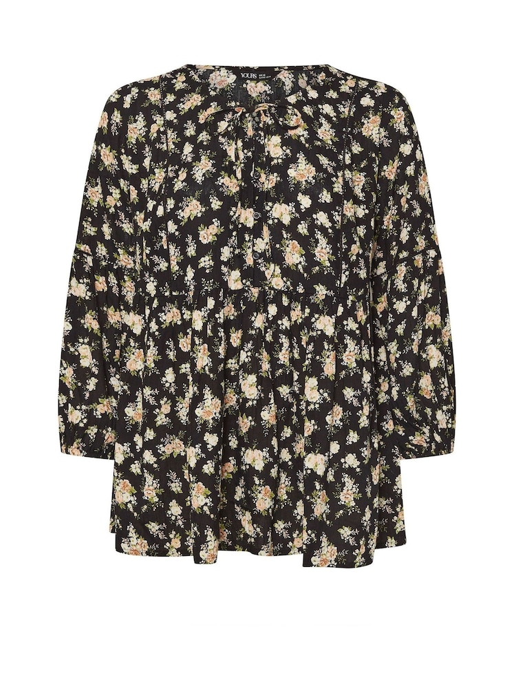 Yours Curve Black Floral Print Crinkle Tie Neck Tunic - Image 5 of 5