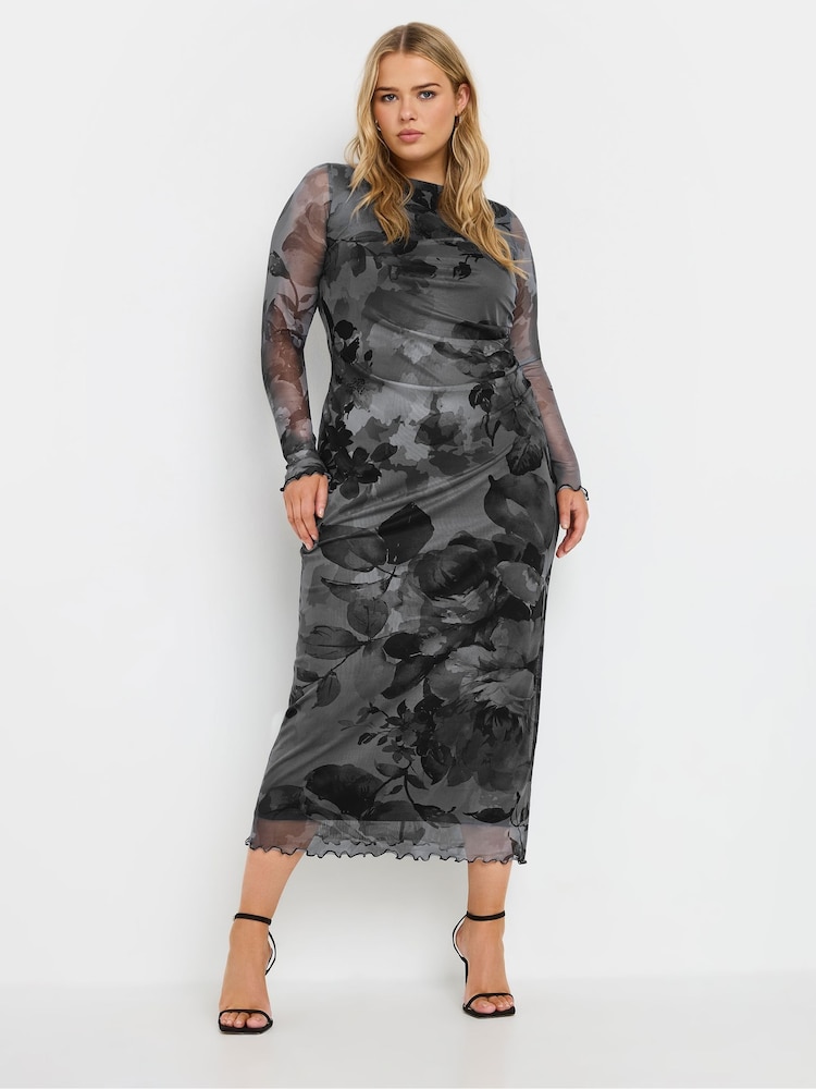 Yours Curve Grey Limited Floral Mesh Dress - Image 1 of 6 Yours Curve Grey Limited Floral Mesh Dress - Image 1 of 6