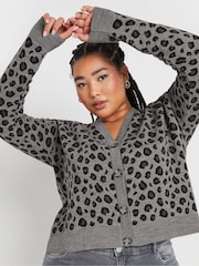 Yours Curve Grey Limited Leopard Print Knitted Cardigan - Image 1 of 5