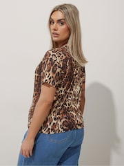 Yours Curve Brown Limited Collection Leopard Print Bow Front Top - Image 3 of 5