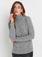 Long Tall Sally Grey Animal Print Roll Neck Soft Touch Top - Image 1 of 5