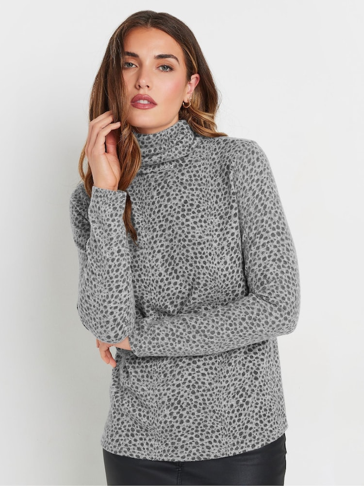 Long Tall Sally Grey Animal Print Roll Neck Soft Touch Top - Image 1 of 5