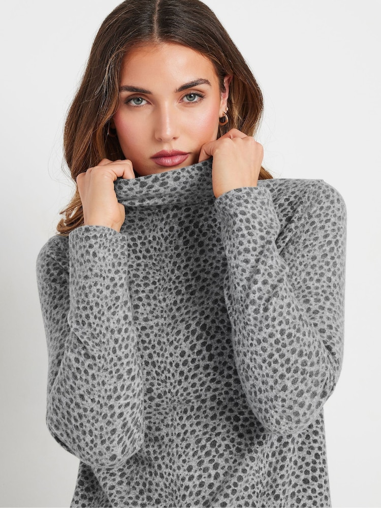 Long Tall Sally Grey Animal Print Roll Neck Soft Touch Top - Image 4 of 5
